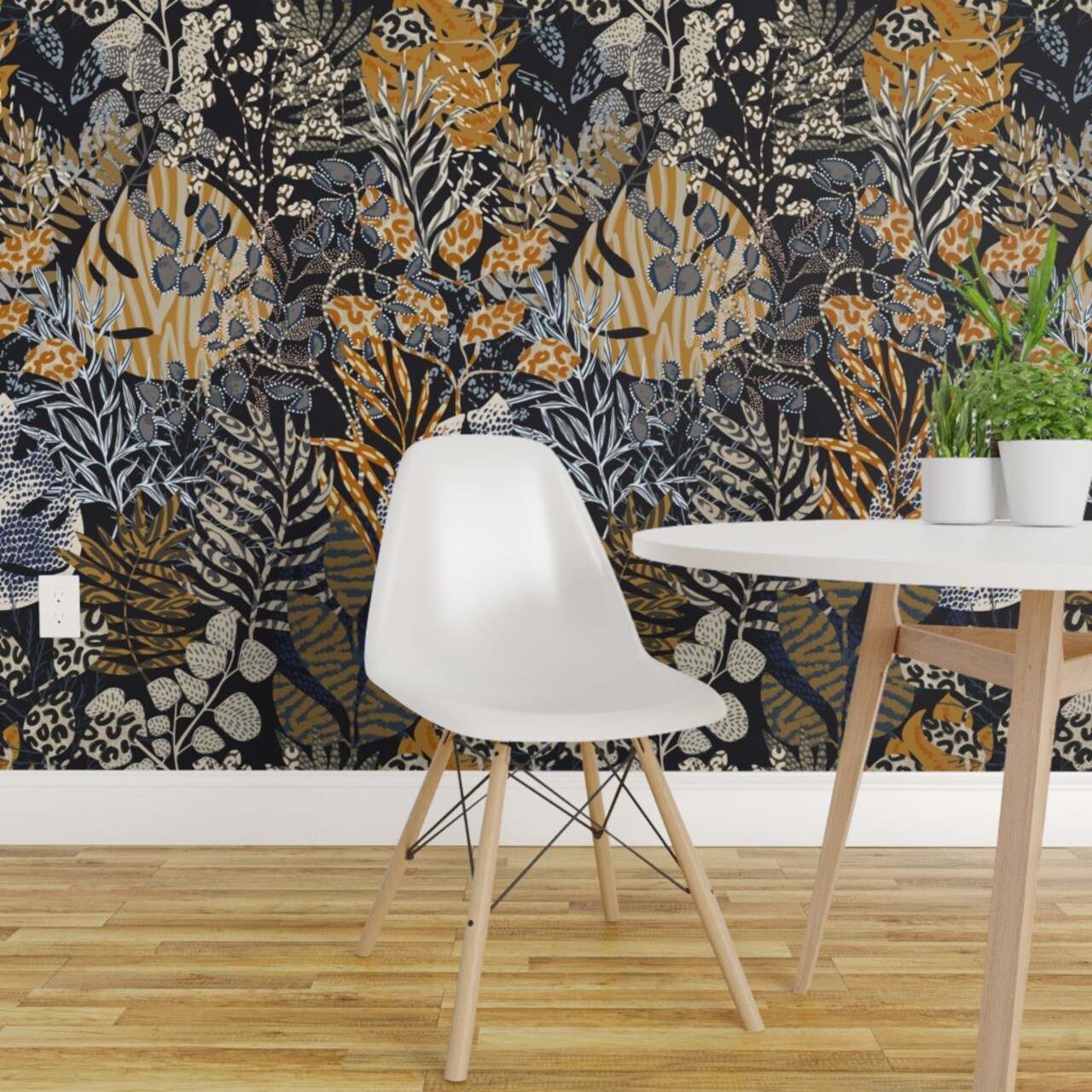 Pre-Pasted Wallpaper 2FT Wide Blue Leaves Animal Print Wild Dark Tropical Tiger Cheetah Lizard Botanical Floral Large Scale Jungle Custom Pre-pasted Wallpaper by Spoonflower